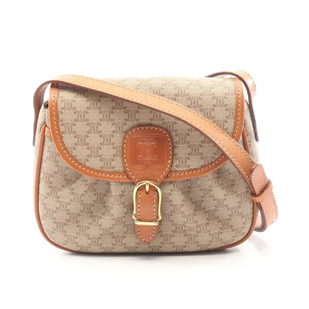 Celine Macadam Shoulder Bag Canvas Leather Beige Cream Brown